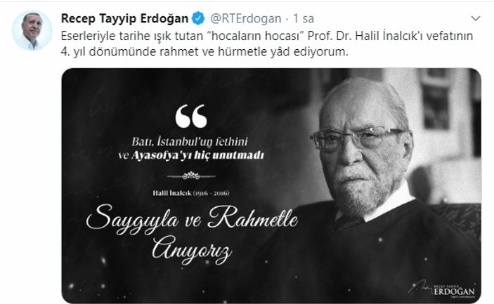 Cumhurbaşkanı Erdoğan'dan Prof. Dr. Halil İnalcık mesajı