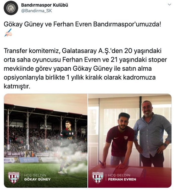 Bandırmaspor, Galatasaray'dan iki ismi kadrosuna kattı