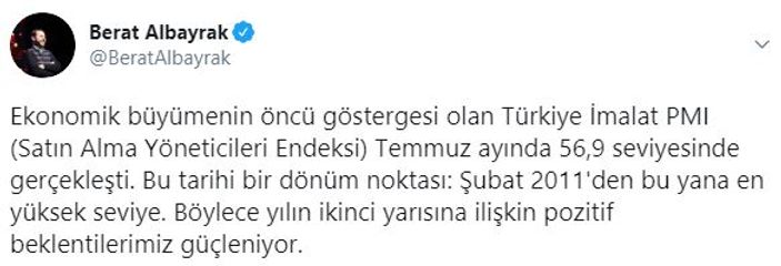 Berat Albayrak: Türkiye İmalat PMI 56,9 oldu