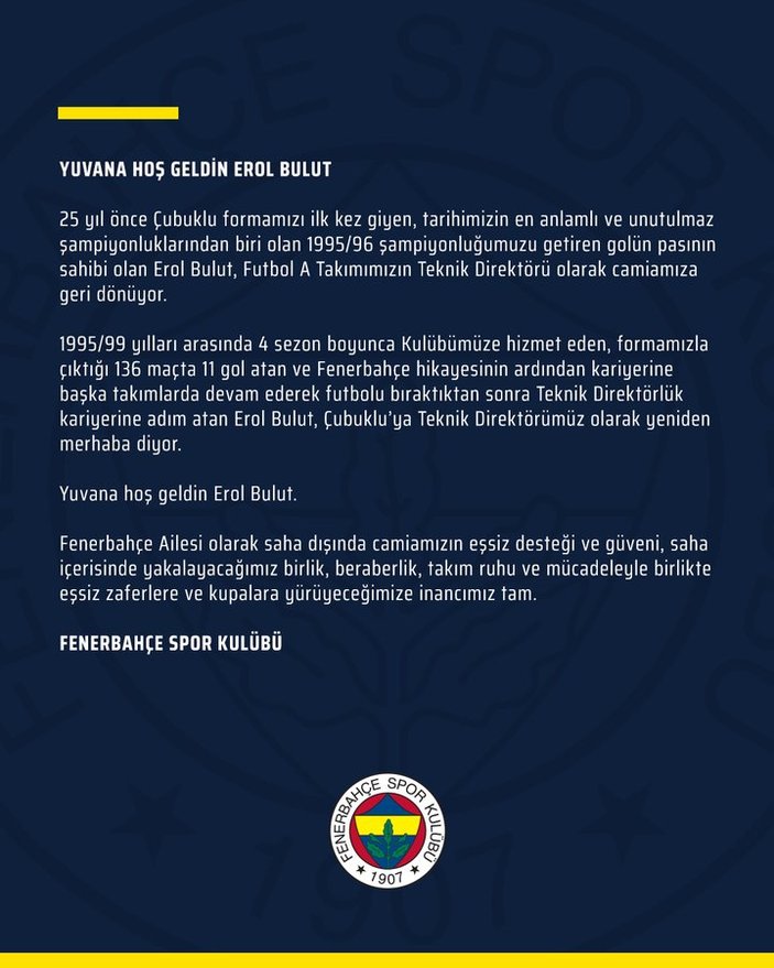 Fenerbahçe, Erol Bulut'u açıkladı