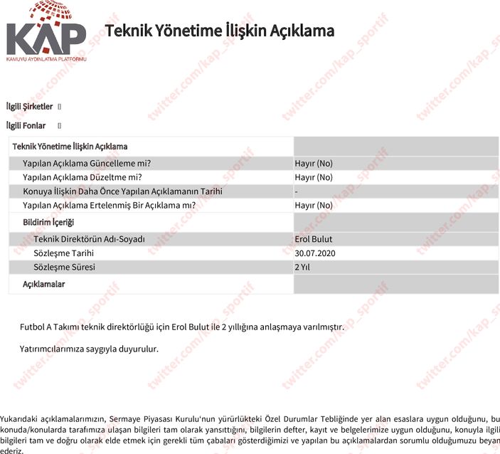 Fenerbahçe, Erol Bulut'u açıkladı