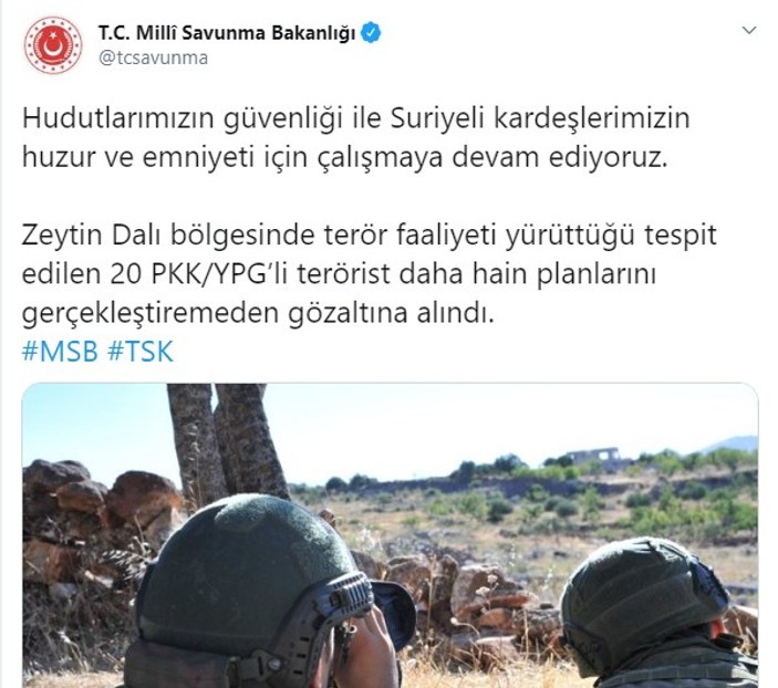 Zeytin Dalı bölgesinde 20 terörist yakalandı