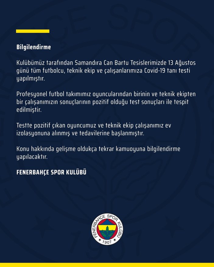 Fenerbahçe'de iki kişinin koronavirüs testi pozitif çıktı
