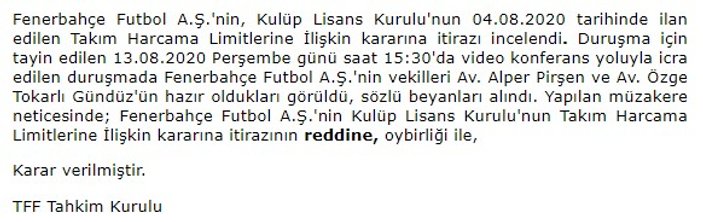 Tahkim Kurulu Fenerbahçe'nin itirazını reddetti