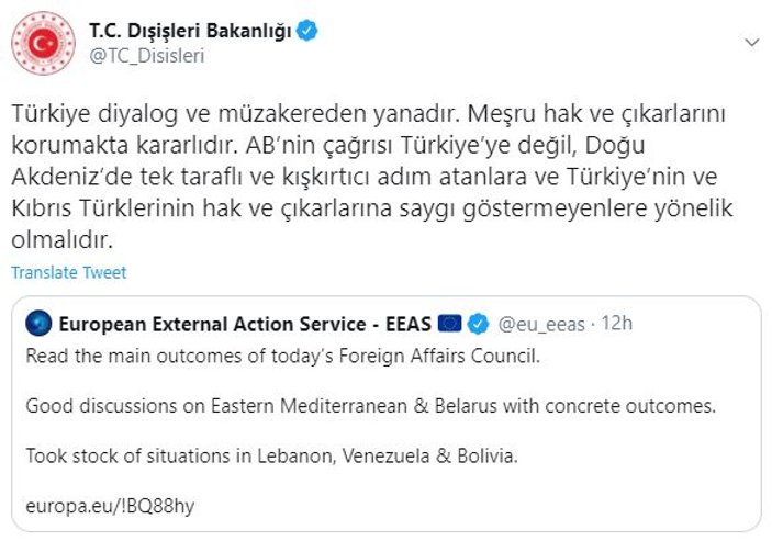 Türkiye'den AB'ye Doğu Akdeniz yanıtı