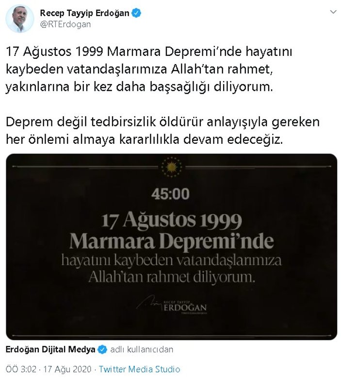 Cumhurbaşkanı Erdoğan'dan 17 Ağustos depremi paylaşımı