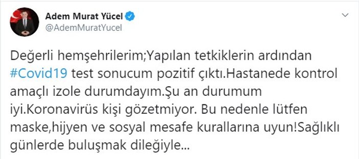 Alanya Belediye Başkanı Adem Murat Yücel, koronavirüse yakalandı