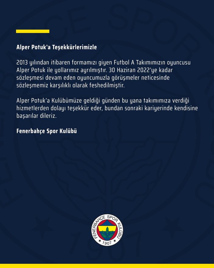 Fenerbahçe'de Alper Potuk ile yollar ayrıldı