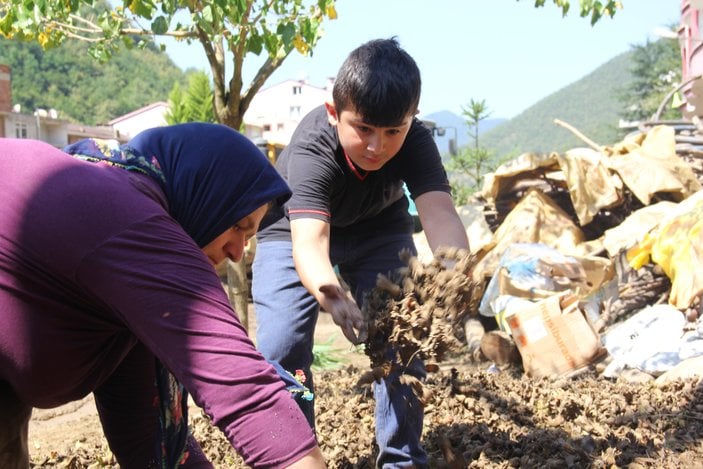 Giresun'da üreticiler, fındıklarını çamurun içerisinden kurtarmaya çalışıyor