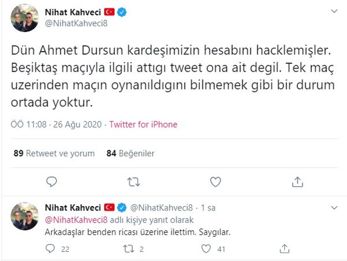 Nihat Kahveci: Ahmet Dursun'un hesabı hacklenmiş