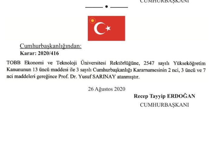 TOBB Ekonomi ve Teknoloji Üniversitesi rektörlüğüne Prof. Dr. Yusuf Sarınay atandı