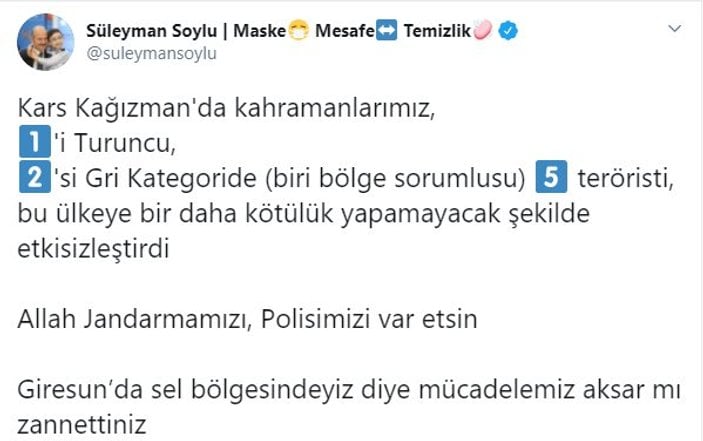 Süleyman Soylu: 1'i Turuncu, 2'si Gri listedeki 5 terörist öldürüldü