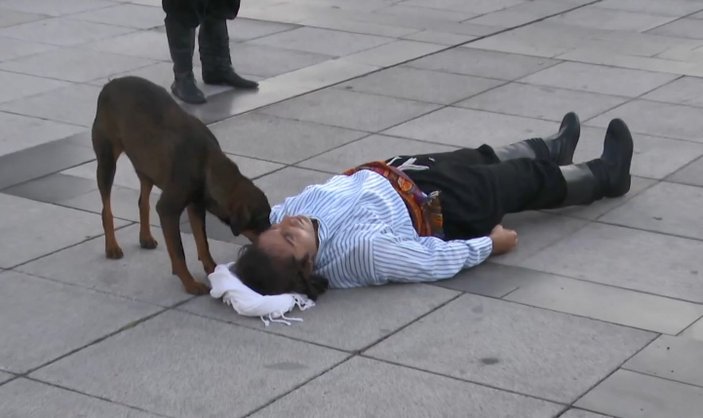 Yaralı rolündeki tiyatrocuya sokak köpeğinden sevgi gösterisi