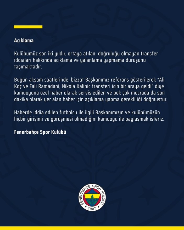 Fenerbahçe, Nikola Kalinic haberlerini yalanladı