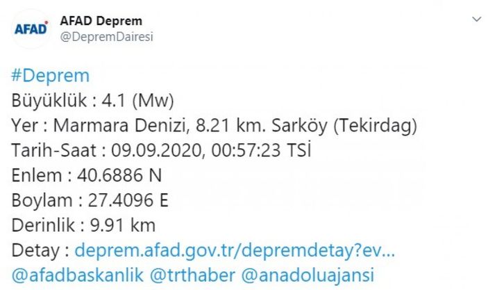 Son Dakika: Tekirdağ'da 4.1 büyüklüğünde deprem meydana geldi