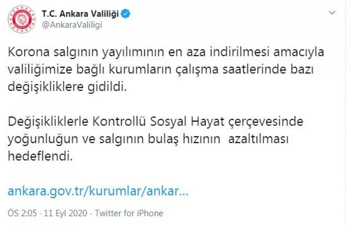 Ankara'da valiliğe bağlı kurumların çalışma saatleri değiştirildi