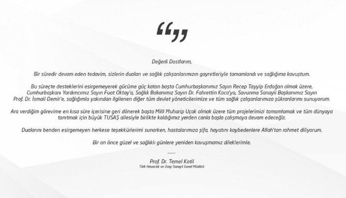 TUSAŞ Genel Müdürü Temel Kotil koronavirüsü yendi