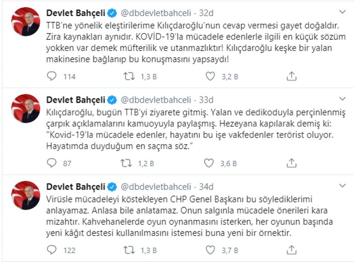 Devlet Bahçeli: TTB'ye yönelik eleştirilerime Kılıçdaroğlu'nun cevap vermesi doğaldır