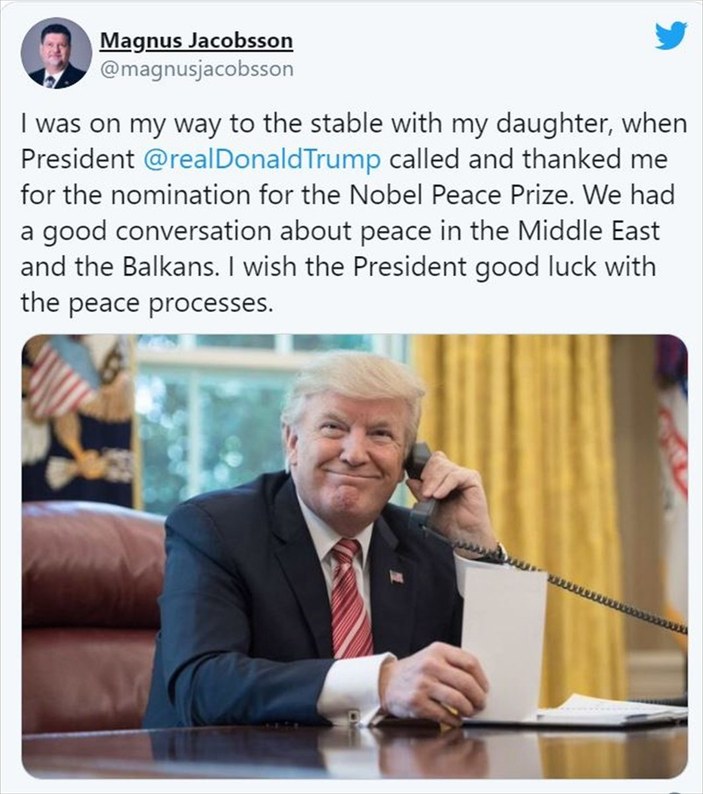 Trump, kendisini Nobel Barış Ödülü'ne aday gösteren İsveçli siyasetçiye teşekkür etti
