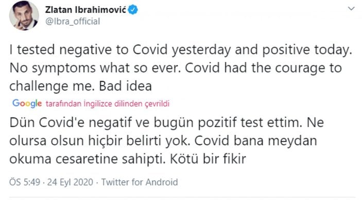Zlatan Ibrahimovic koronavirüse yakalandı