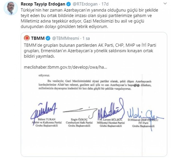 Erdoğan'dan, Ermeni saldırılarını kınayan partilere teşekkür