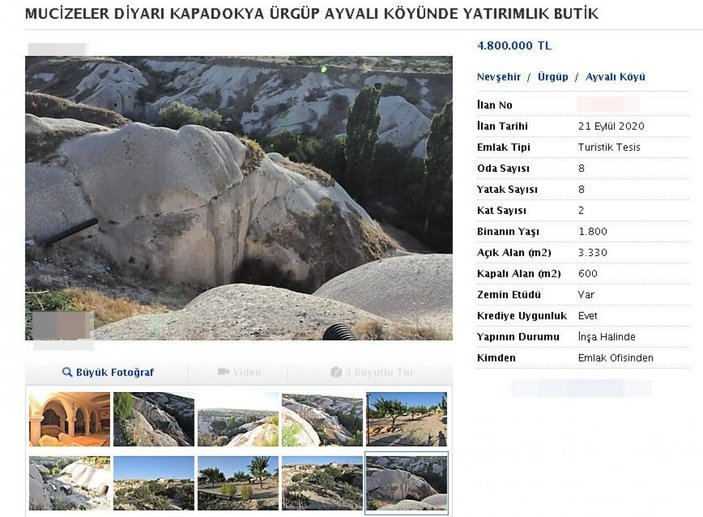 Kapadokya’da kayalar oyuldu, ‘butik otel’ olarak satışa sunuldu