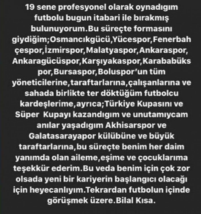 Bilal Kısa futbolu bıraktı