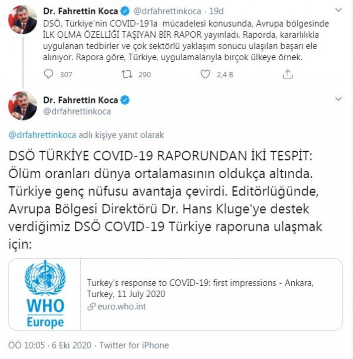 Fahrettin Koca: DSÖ raporuna göre, Türkiye uygulamalarıyla birçok ülkeye örnek