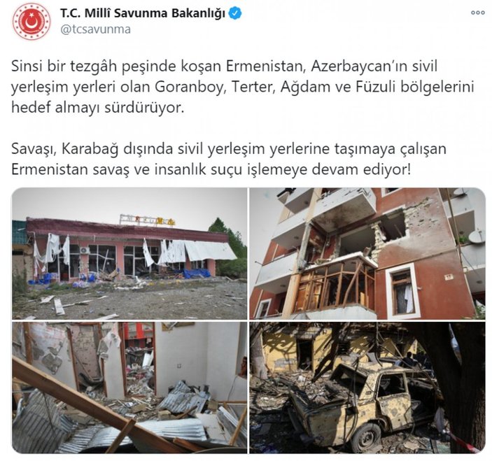 MSB: Ermenistan savaş suçu işlemeye devam ediyor