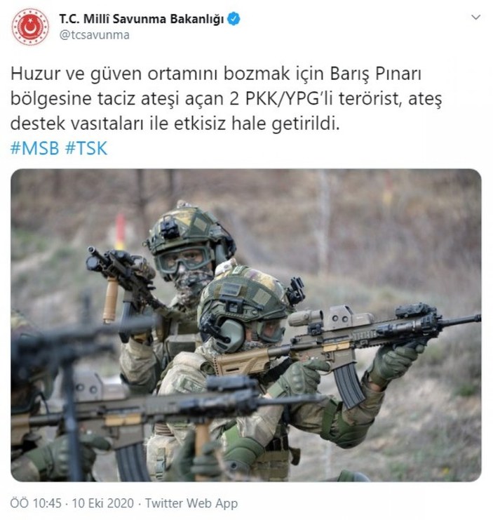 MSB: Barış Pınarı bölgesinde 2 terörist etkisiz hale getirildi.