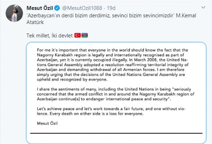 Mesut Özil'den Azerbaycan'a destek paylaşımı