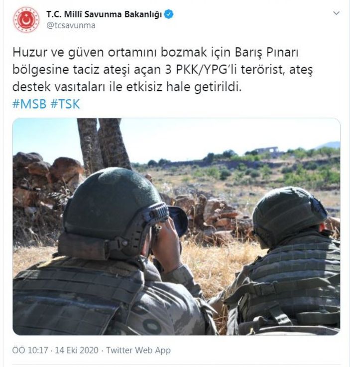 Barış Pınarı bölgesine taciz ateşi açan 3 terörist öldürüldü