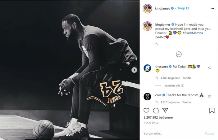 LeBron James'ten Kobe'ye: Umarım seni gururlandırmışımdır