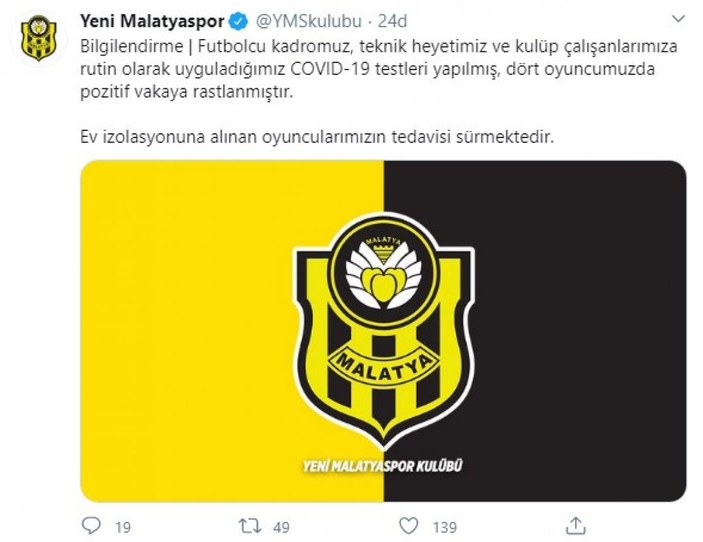 Yeni Malatyaspor'da 4 futbolcu koronavirüs