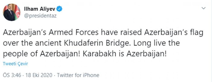 Azerbaycan Cumhurbaşkanı İlham Aliyev: Azerbaycan, eski Hudaferin Köprüsü'nde bayrağını göndere çekti