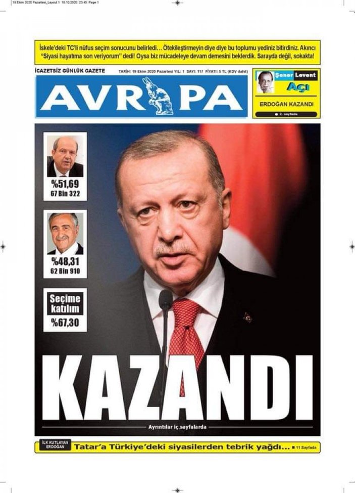 Avrupa gazetesi, Ersin Tatar'ın galibiyetini birinci sayfadan verdi