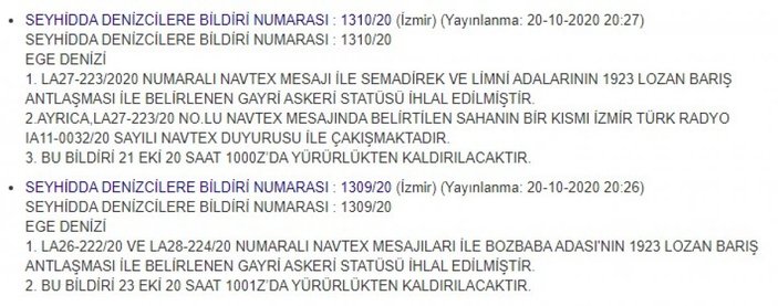 Türkiye'den Yunanistan'a Lozan NAVTEX'i