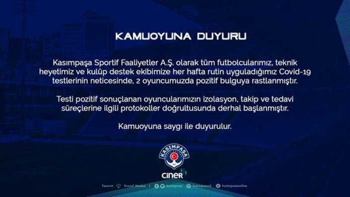 Kasımpaşa'da 2 futbolcu koronavirüse yakalandı
