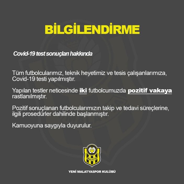 Yeni Malatyaspor’da 2 futbolcunun koronavirüs testi pozitif çıktı