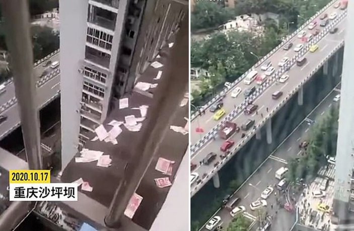 Çin'de yoldan geçenlerin üzerine para yağdırma anı kamerada