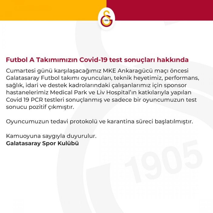 Galatasaray'da 1 futbolcunun koronavirüs testi pozitif çıktı