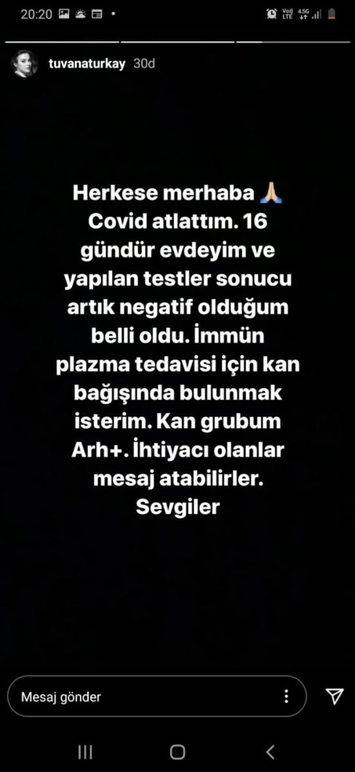 Tuvana Türkay: Koronavirüsü atlattım