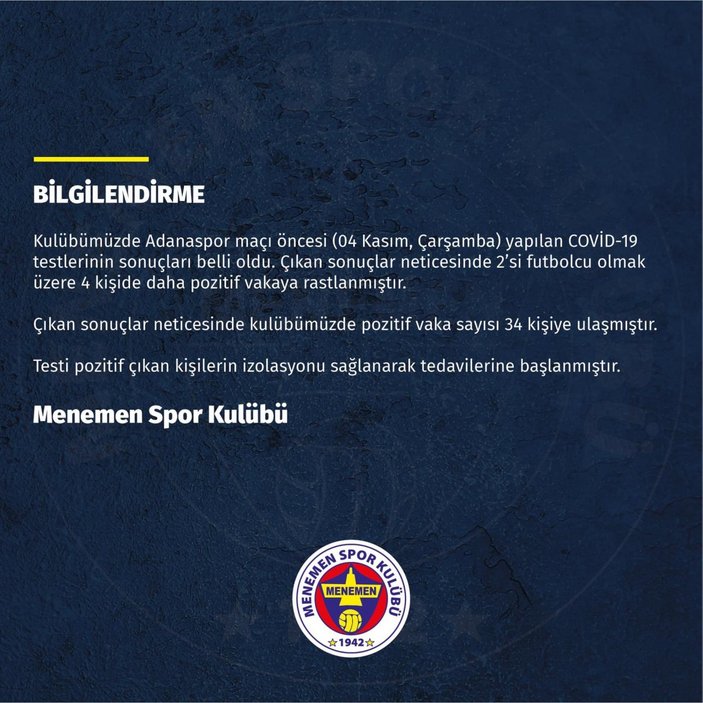 Menemenspor'da pozitif vaka sayısı 34'e çıktı