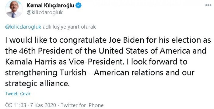 Kılıçdaroğlu'ndan Joe Biden'a kutlama mesajı