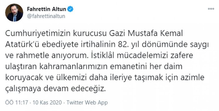 Fahrettin Altun: Gazi Mustafa Kemal Atatürk'ü rahmetle anıyorum