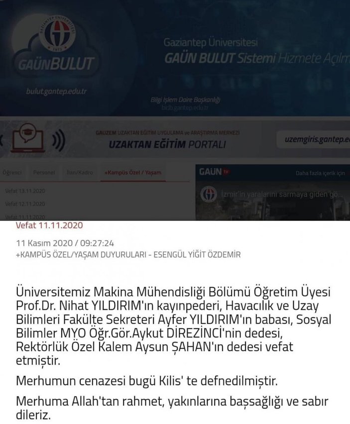 Gaziantep Üniversitesi'ndeki akraba ilişkileri vefat ilanıyla ortaya çıktı