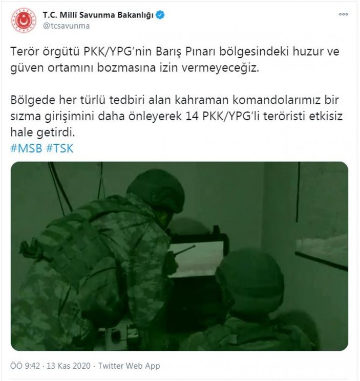 Barış Pınarı Bölgesi'nde 14 PKK/YPG'li terörist etkisiz hale getirildi