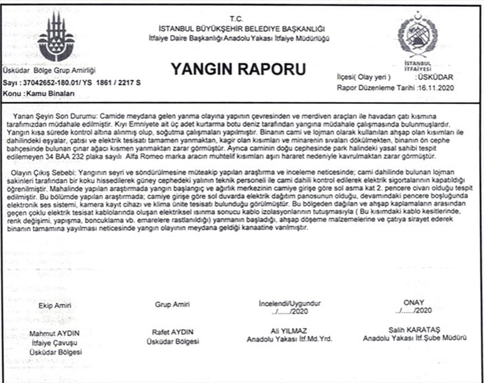 Vaniköy Camii yangınında itfaiye raporu açıklandı
