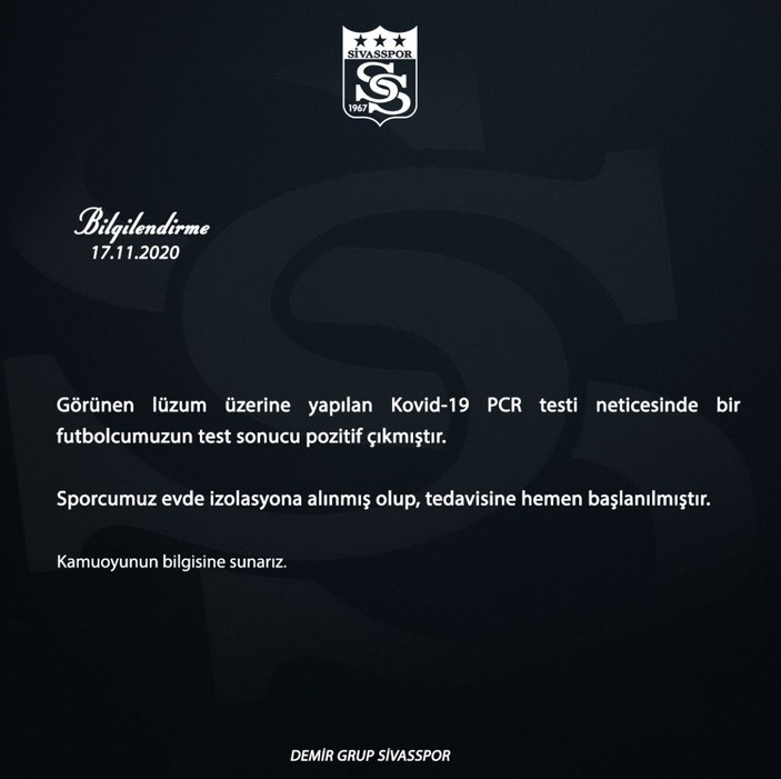 Sivasspor'da 1 futbolcu koronavirüse yakalandı