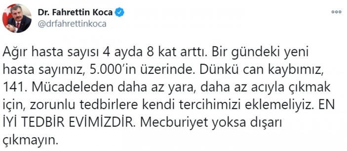 Fahrettin Koca: Ağır hasta sayısı 4 ayda 8 kat arttı